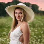 Gallery image of Blonde model with white hat and dress in field of white wild flowers.