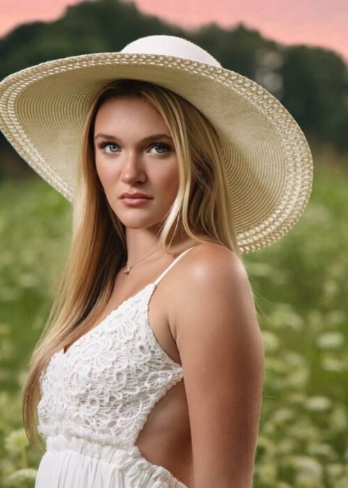 Blonde model with white hat and dress in field of white wild flowers.