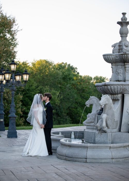 Beautiful image of wedding couple with romatic kiss and sunlit background